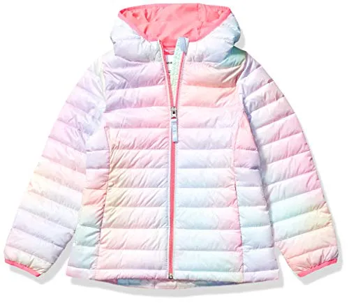 Amazon Essentials Girls' Lightweight Water-Resistant Packable Hooded Puffer Jacket, Pink Ombre, Medium