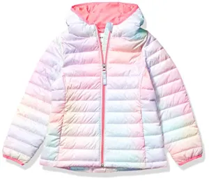 Amazon Essentials Girls' Lightweight Water-Resistant Packable Hooded Puffer Jacket, Pink Ombre, Medium