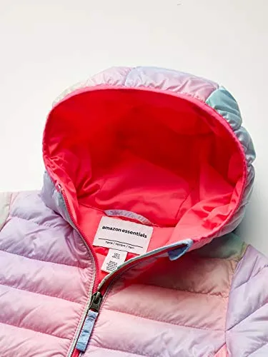 Amazon Essentials Girls' Lightweight Water-Resistant Packable Hooded Puffer Jacket, Pink Ombre, Medium
