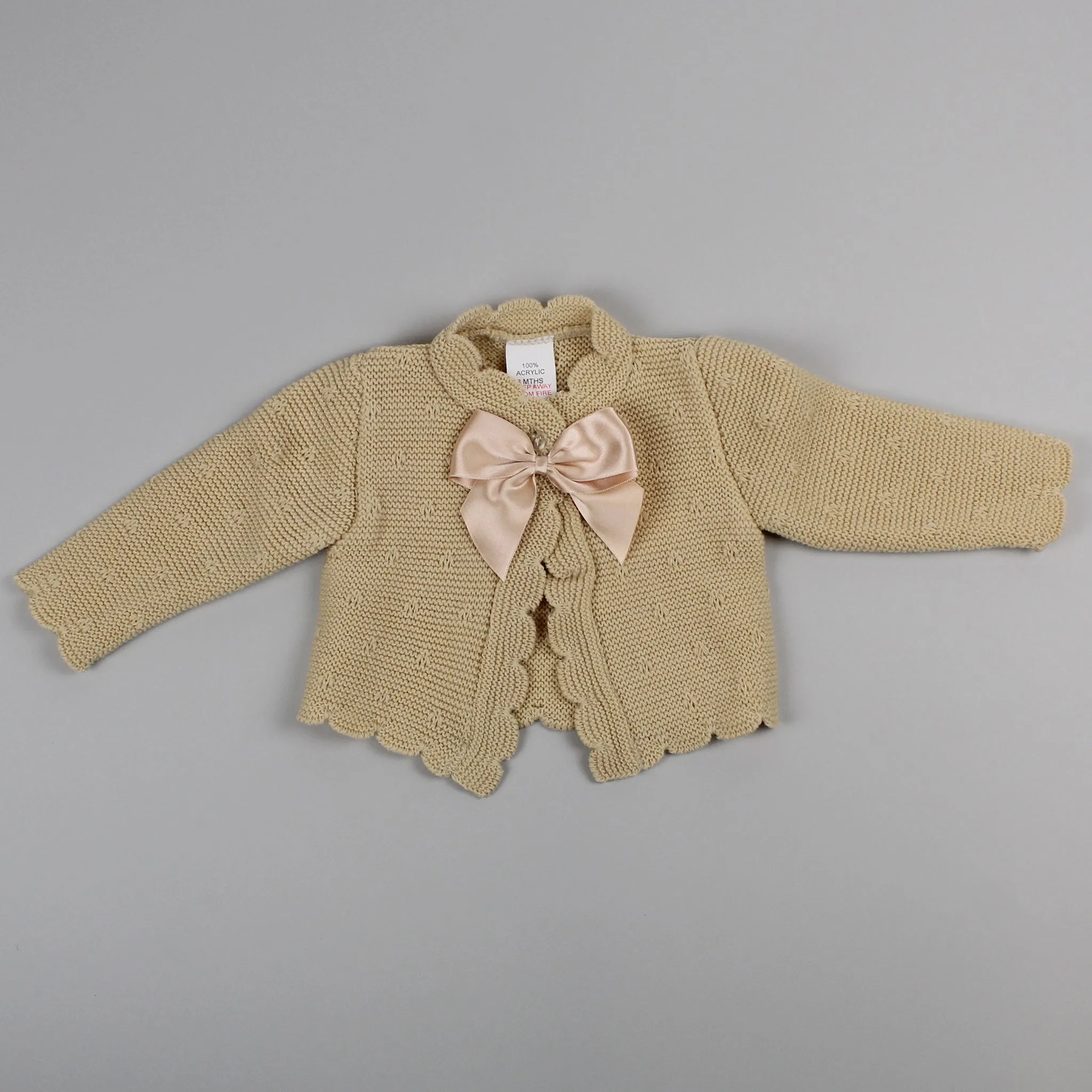 Baby Girls Knitted Cardigan with Satin Bow - Beige