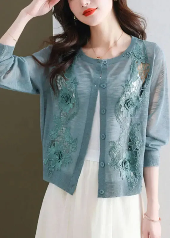 Blue Hollow Out Ice Size Knit Cardigans Long Sleeve LY8076
