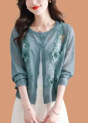 Blue Hollow Out Ice Size Knit Cardigans Long Sleeve LY8076