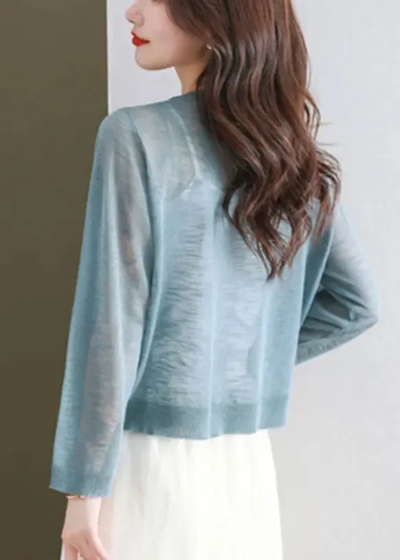 Blue Hollow Out Ice Size Knit Cardigans Long Sleeve LY8076