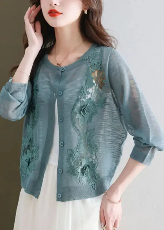 Blue Hollow Out Ice Size Knit Cardigans Long Sleeve LY8076