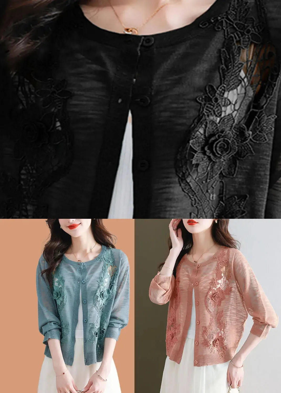 Blue Hollow Out Ice Size Knit Cardigans Long Sleeve LY8076