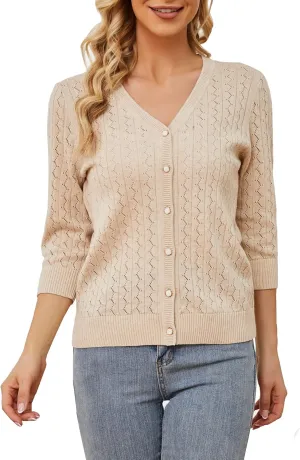 Cotton Cardigan Sweaters for Women Lightweight: 3/4 Sleeve Knit Cardigans Hollow-Out V Neck Cardigan Button up Cardigan