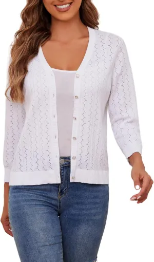 Cotton Cardigan Sweaters for Women Lightweight: 3/4 Sleeve Knit Cardigans Hollow-Out V Neck Cardigan Button up Cardigan