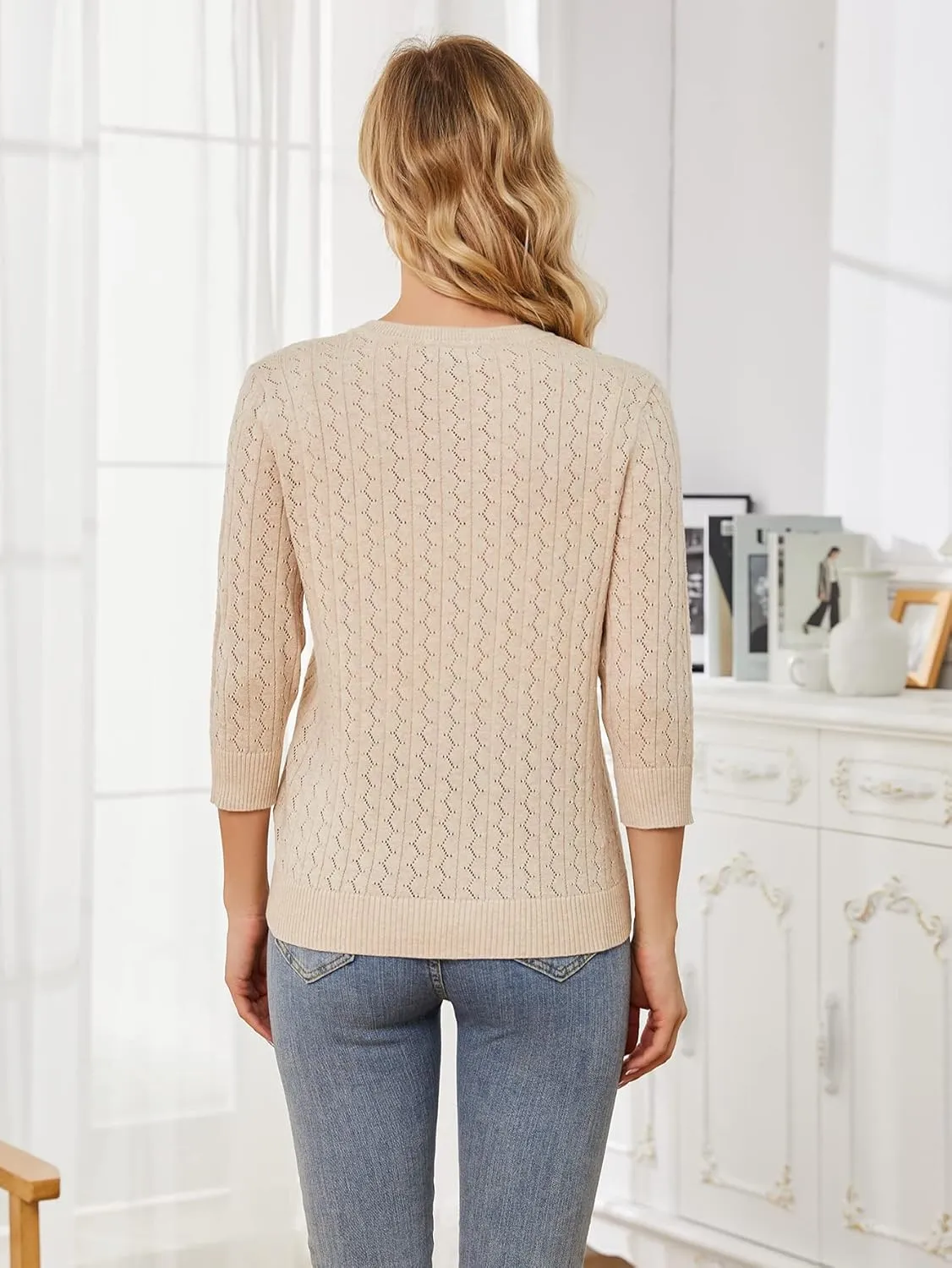 Cotton Cardigan Sweaters for Women Lightweight: 3/4 Sleeve Knit Cardigans Hollow-Out V Neck Cardigan Button up Cardigan