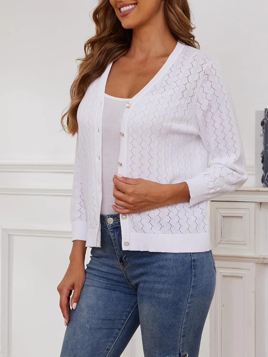 Cotton Cardigan Sweaters for Women Lightweight: 3/4 Sleeve Knit Cardigans Hollow-Out V Neck Cardigan Button up Cardigan