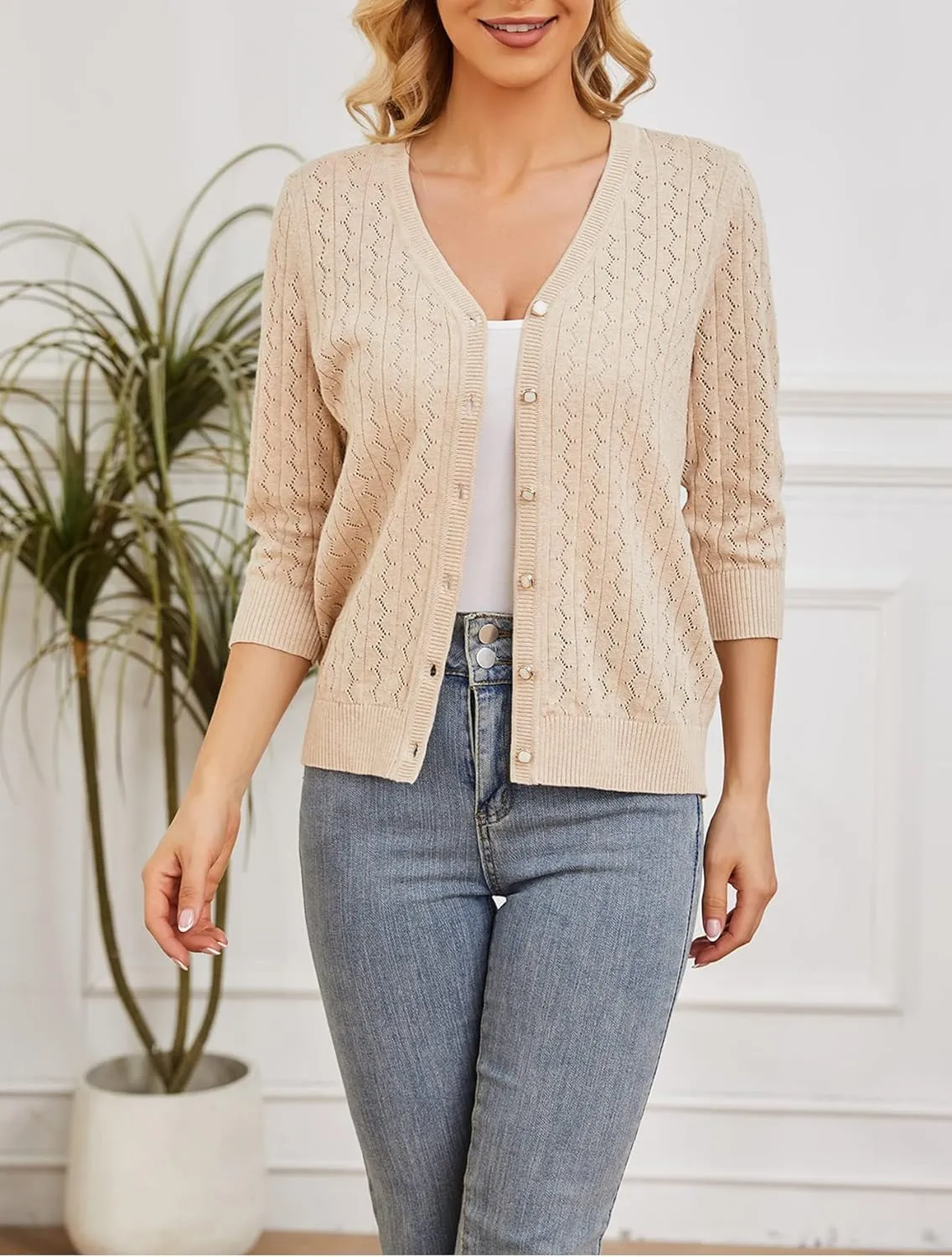 Cotton Cardigan Sweaters for Women Lightweight: 3/4 Sleeve Knit Cardigans Hollow-Out V Neck Cardigan Button up Cardigan