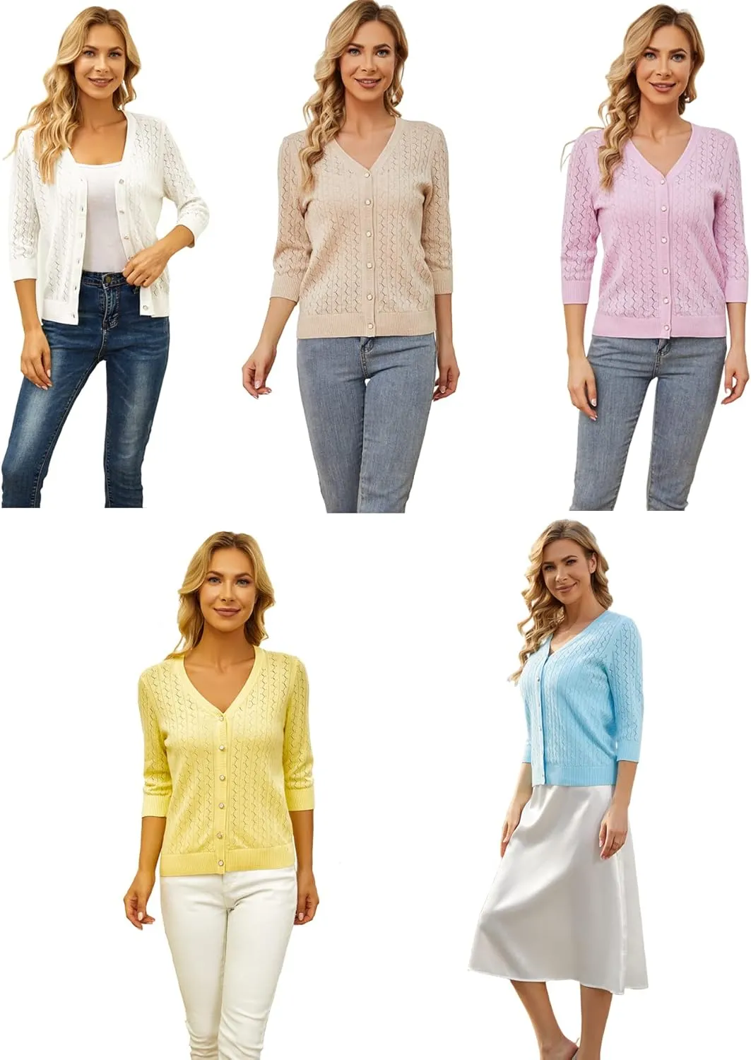Cotton Cardigan Sweaters for Women Lightweight: 3/4 Sleeve Knit Cardigans Hollow-Out V Neck Cardigan Button up Cardigan