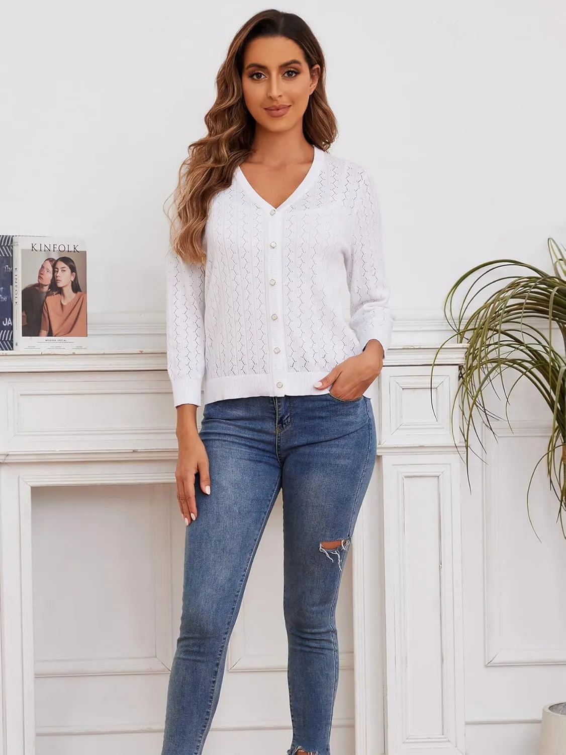 Cotton Cardigan Sweaters for Women Lightweight: 3/4 Sleeve Knit Cardigans Hollow-Out V Neck Cardigan Button up Cardigan