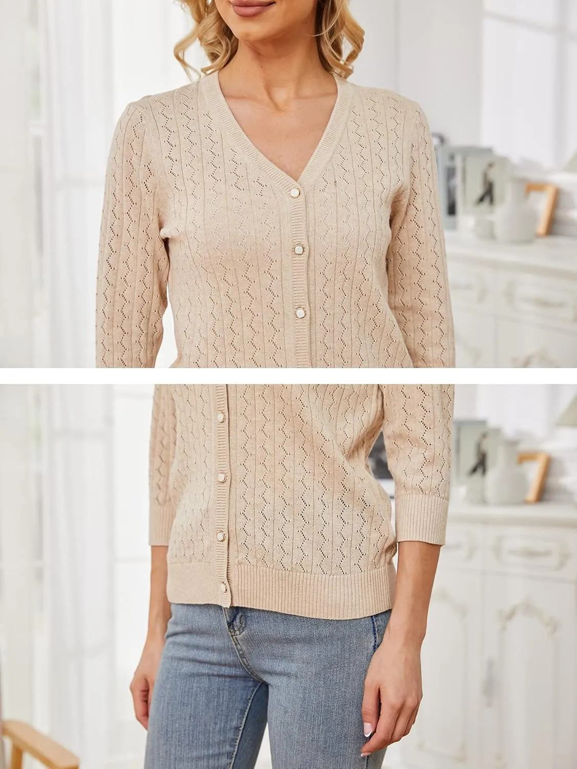 Cotton Cardigan Sweaters for Women Lightweight: 3/4 Sleeve Knit Cardigans Hollow-Out V Neck Cardigan Button up Cardigan