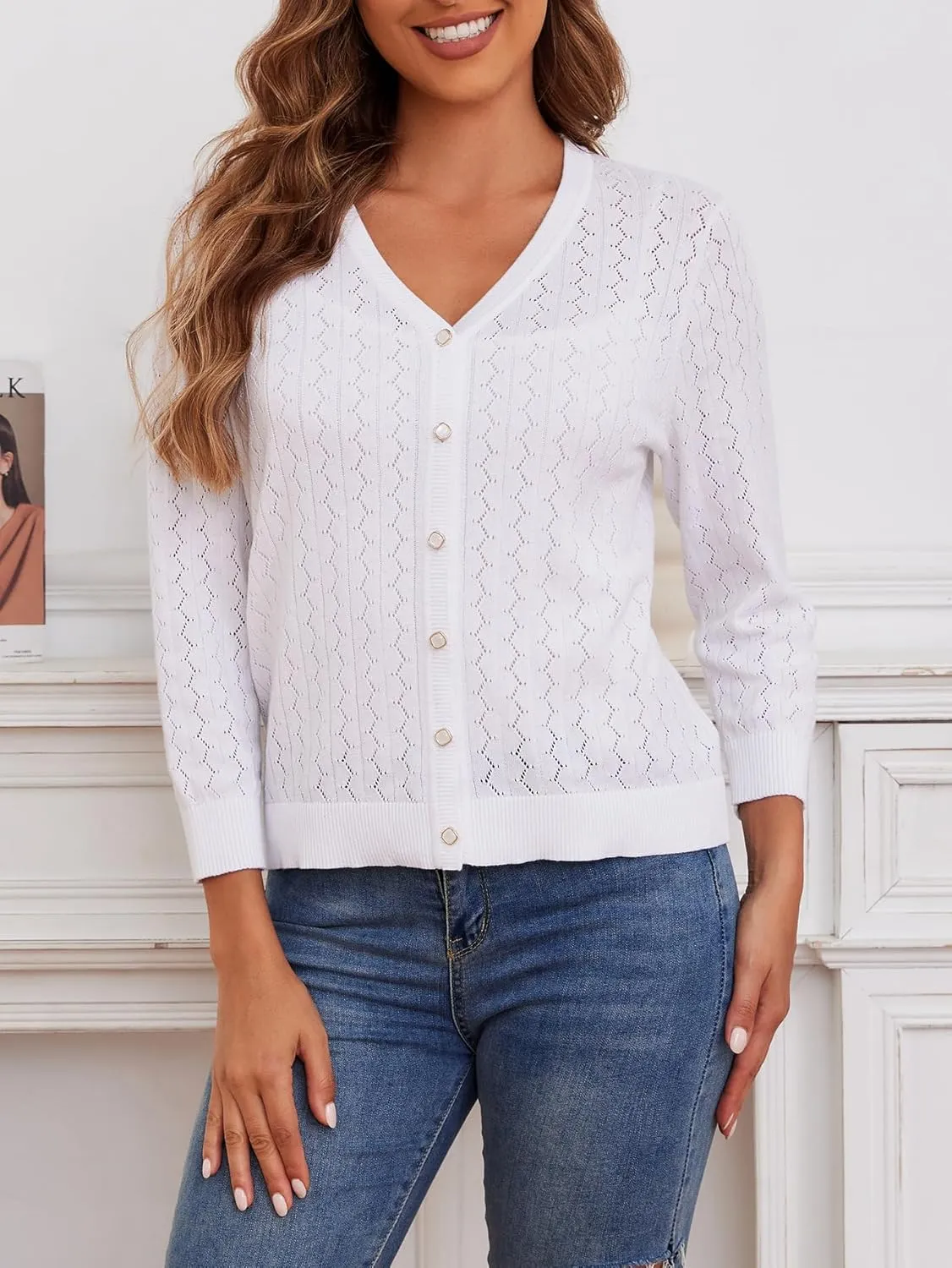 Cotton Cardigan Sweaters for Women Lightweight: 3/4 Sleeve Knit Cardigans Hollow-Out V Neck Cardigan Button up Cardigan