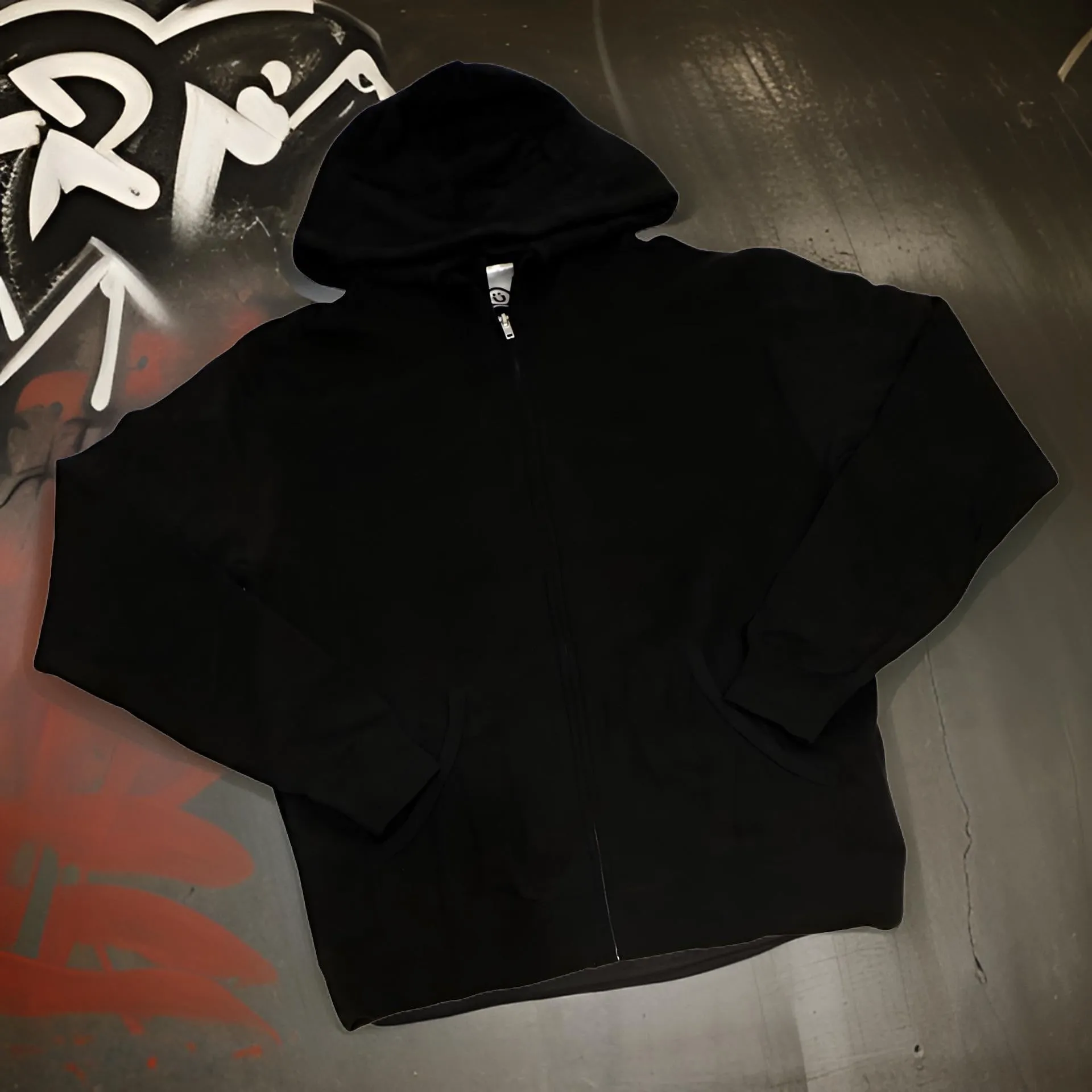 *DESIGN BY HUMANS* (BLACK) ZIP UP HOODIES (DISTRESSED LOGO STYLE)