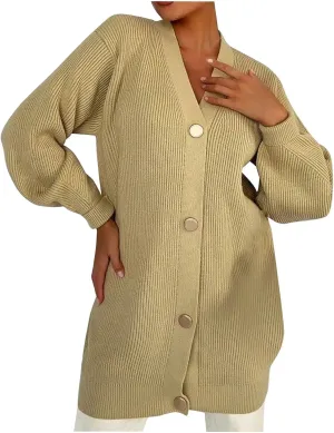 HGps8w Long Cardigans for Women Button Down V Neck Casual Long Sleeve Cozy Chunky Knit Outerwear Jackets