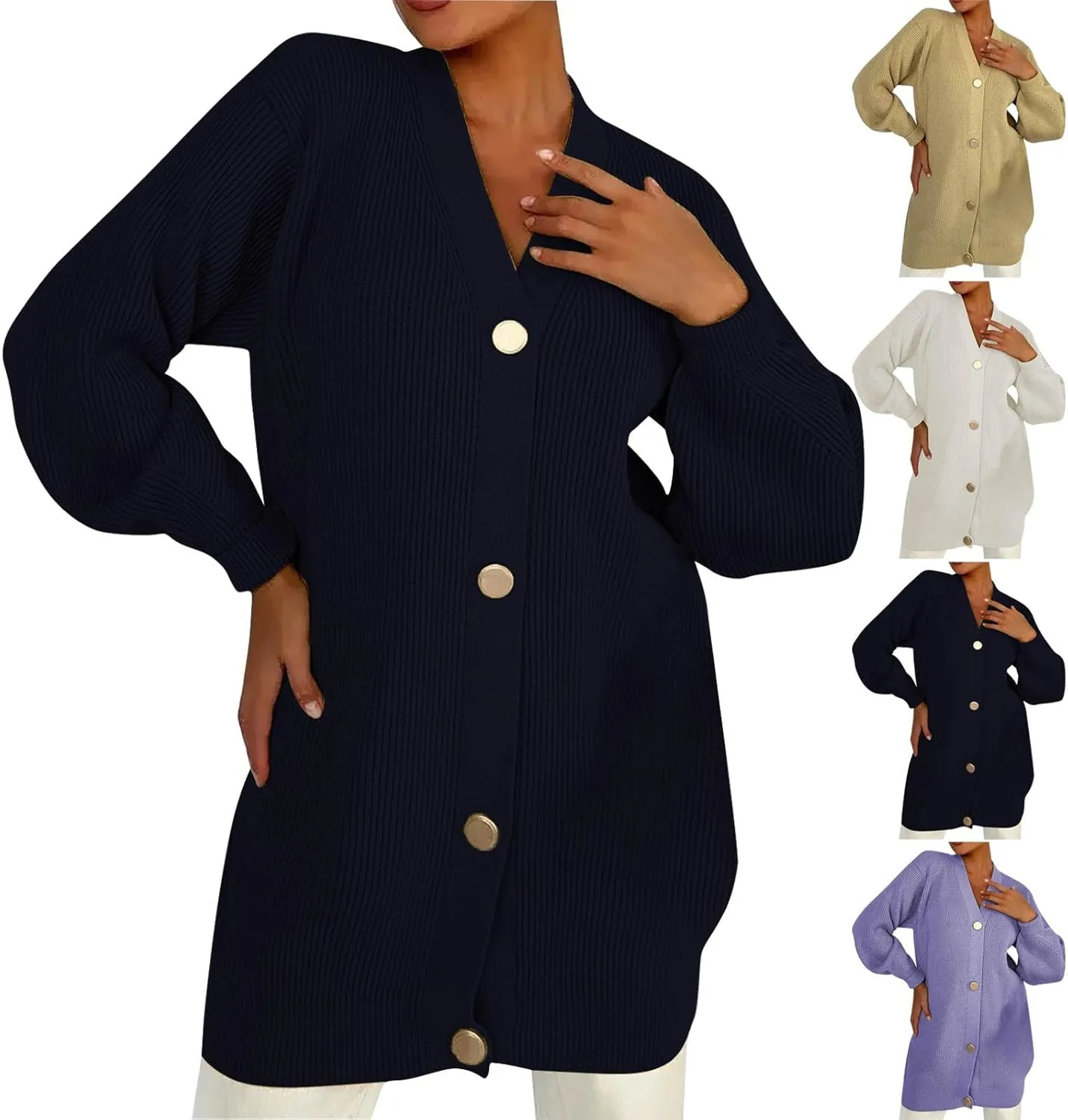 HGps8w Long Cardigans for Women Button Down V Neck Casual Long Sleeve Cozy Chunky Knit Outerwear Jackets