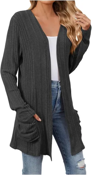 iLH Womens 2024 Autumn Long Sleeve Cardigan Casual Mid Long V Neck Knitted Sweater Cardigans with Pocket Fashion Coat