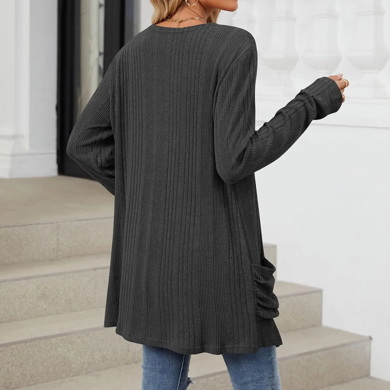 iLH Womens 2024 Autumn Long Sleeve Cardigan Casual Mid Long V Neck Knitted Sweater Cardigans with Pocket Fashion Coat