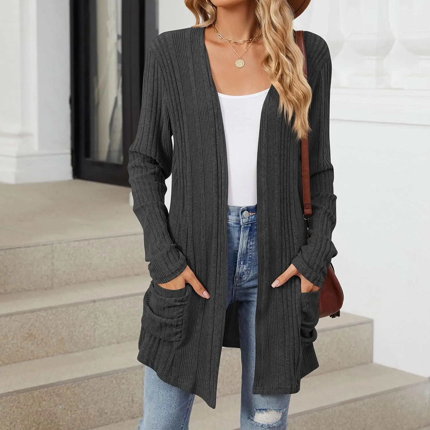 iLH Womens 2024 Autumn Long Sleeve Cardigan Casual Mid Long V Neck Knitted Sweater Cardigans with Pocket Fashion Coat