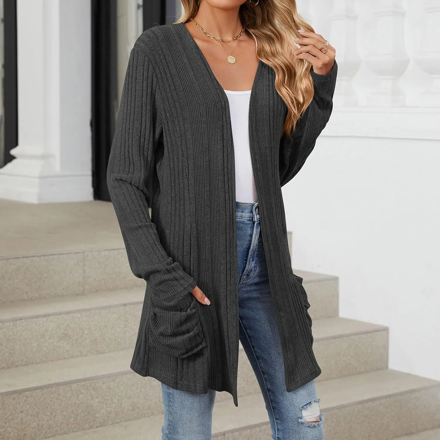 iLH Womens 2024 Autumn Long Sleeve Cardigan Casual Mid Long V Neck Knitted Sweater Cardigans with Pocket Fashion Coat