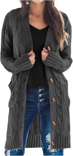iLH Women's Long Sleeve Knitted Cardigan Fall Winter Chunky Open Front Sweater Button Knitted Long Jacket With Pockets
