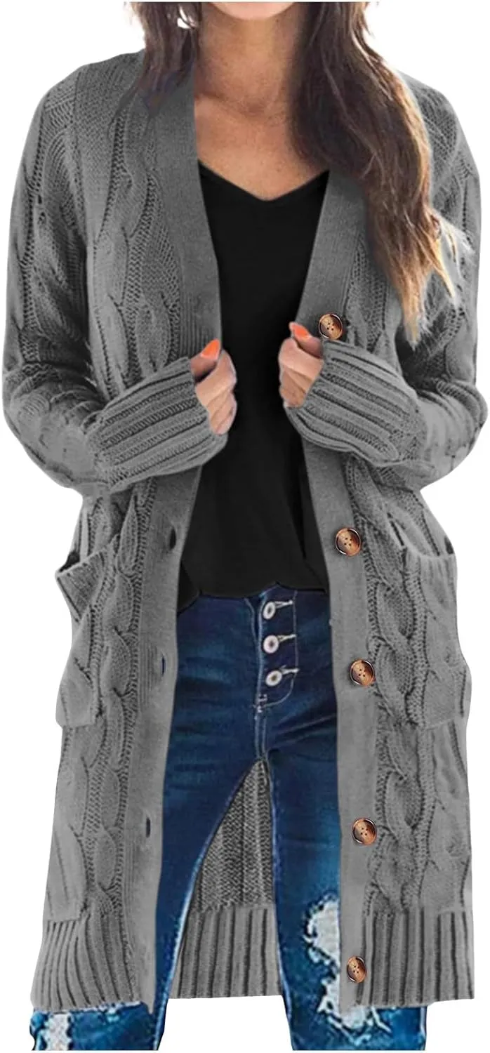 iLH Women's Long Sleeve Knitted Cardigan Fall Winter Chunky Open Front Sweater Button Knitted Long Jacket With Pockets