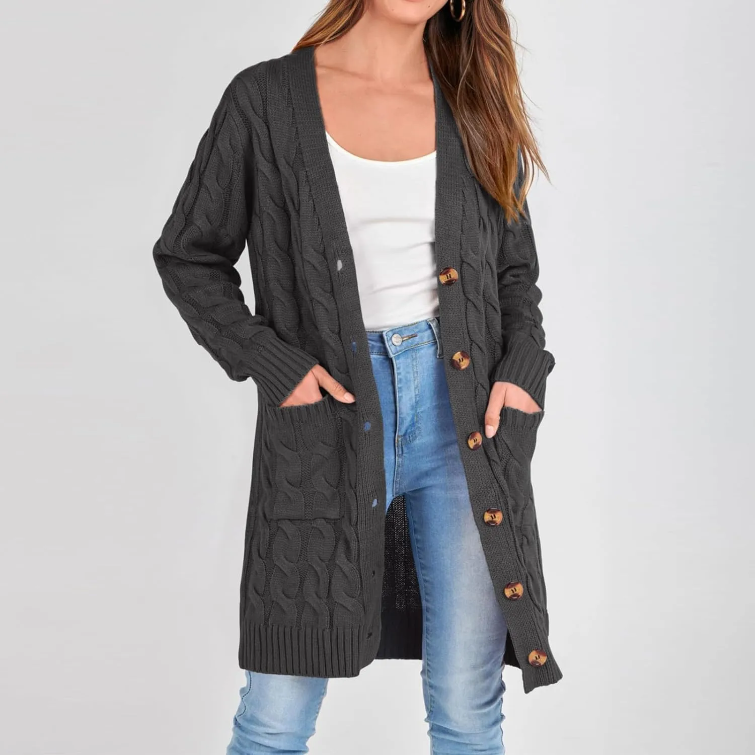 iLH Women's Long Sleeve Knitted Cardigan Fall Winter Chunky Open Front Sweater Button Knitted Long Jacket With Pockets
