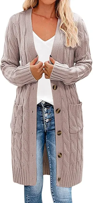 iLH Women's Long Sleeve Knitted Cardigan Fall Winter Chunky Open Front Sweater Button Knitted Long Jacket With Pockets