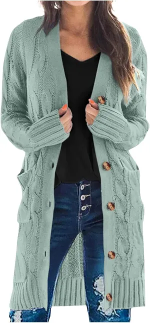 iLH Women's Long Sleeve Knitted Cardigan Fall Winter Chunky Open Front Sweater Button Knitted Long Jacket With Pockets
