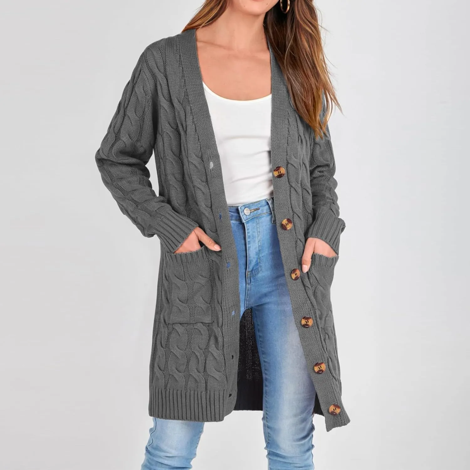 iLH Women's Long Sleeve Knitted Cardigan Fall Winter Chunky Open Front Sweater Button Knitted Long Jacket With Pockets
