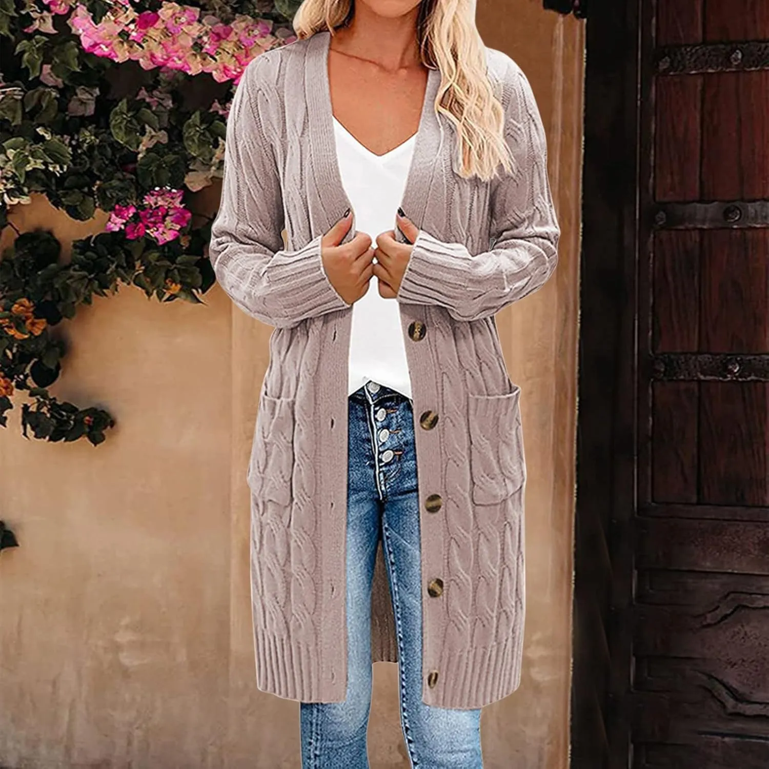 iLH Women's Long Sleeve Knitted Cardigan Fall Winter Chunky Open Front Sweater Button Knitted Long Jacket With Pockets