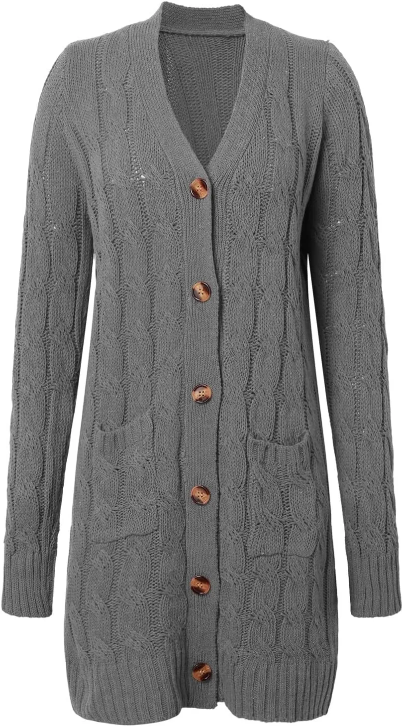iLH Women's Long Sleeve Knitted Cardigan Fall Winter Chunky Open Front Sweater Button Knitted Long Jacket With Pockets