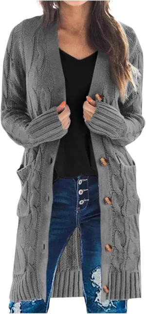 iLH Women's Long Sleeve Knitted Cardigan Fall Winter Chunky Open Front Sweater Button Knitted Long Jacket With Pockets