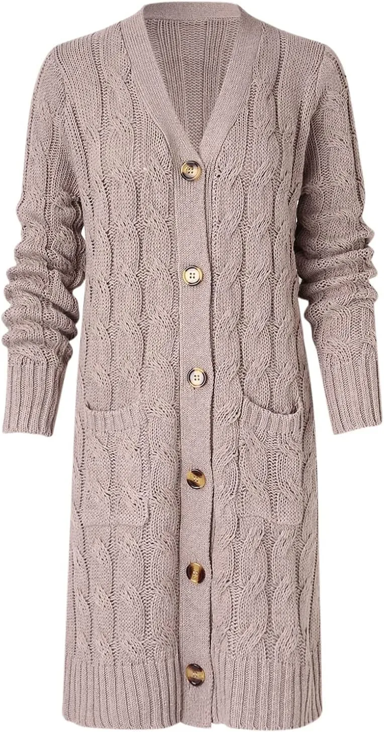 iLH Women's Long Sleeve Knitted Cardigan Fall Winter Chunky Open Front Sweater Button Knitted Long Jacket With Pockets