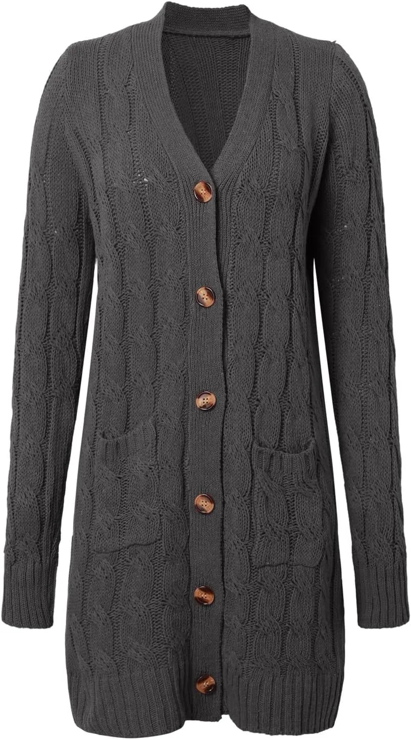 iLH Women's Long Sleeve Knitted Cardigan Fall Winter Chunky Open Front Sweater Button Knitted Long Jacket With Pockets