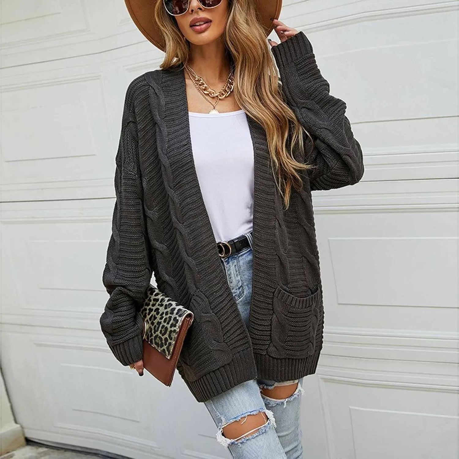 Lightweight Cardigan Sweaters Long Sleeve Cardigan Cable Knit Open Front Cardigan with Pockets
