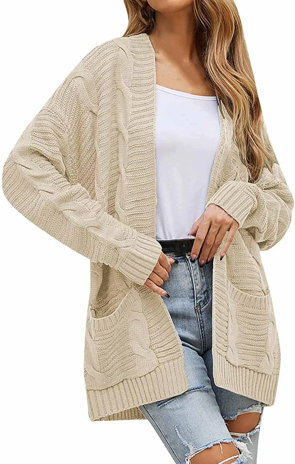 Lightweight Cardigan Sweaters Long Sleeve Cardigan Cable Knit Open Front Cardigan with Pockets