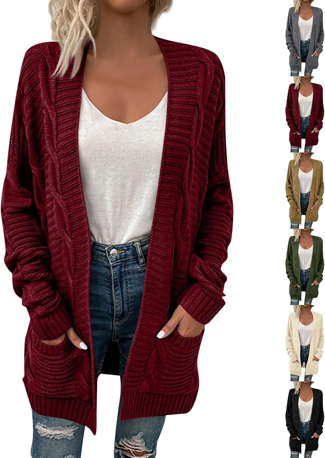 Lightweight Cardigan Sweaters Long Sleeve Cardigan Cable Knit Open Front Cardigan with Pockets