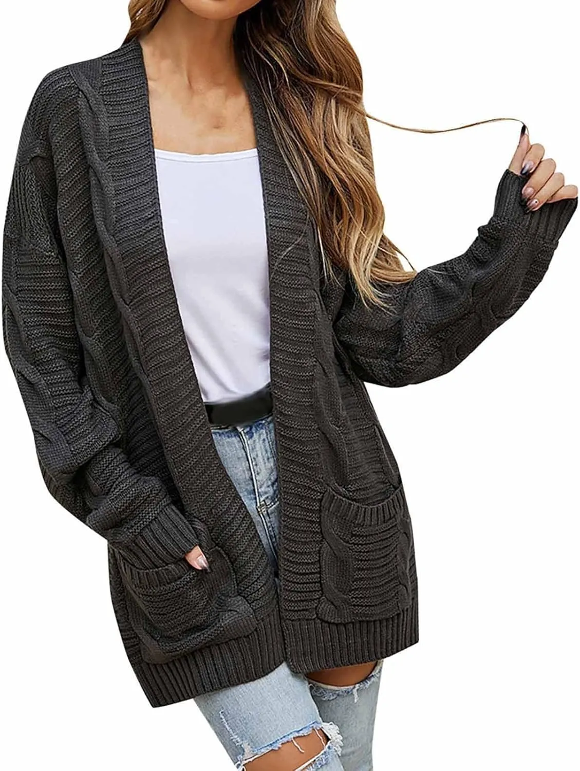 Lightweight Cardigan Sweaters Long Sleeve Cardigan Cable Knit Open Front Cardigan with Pockets