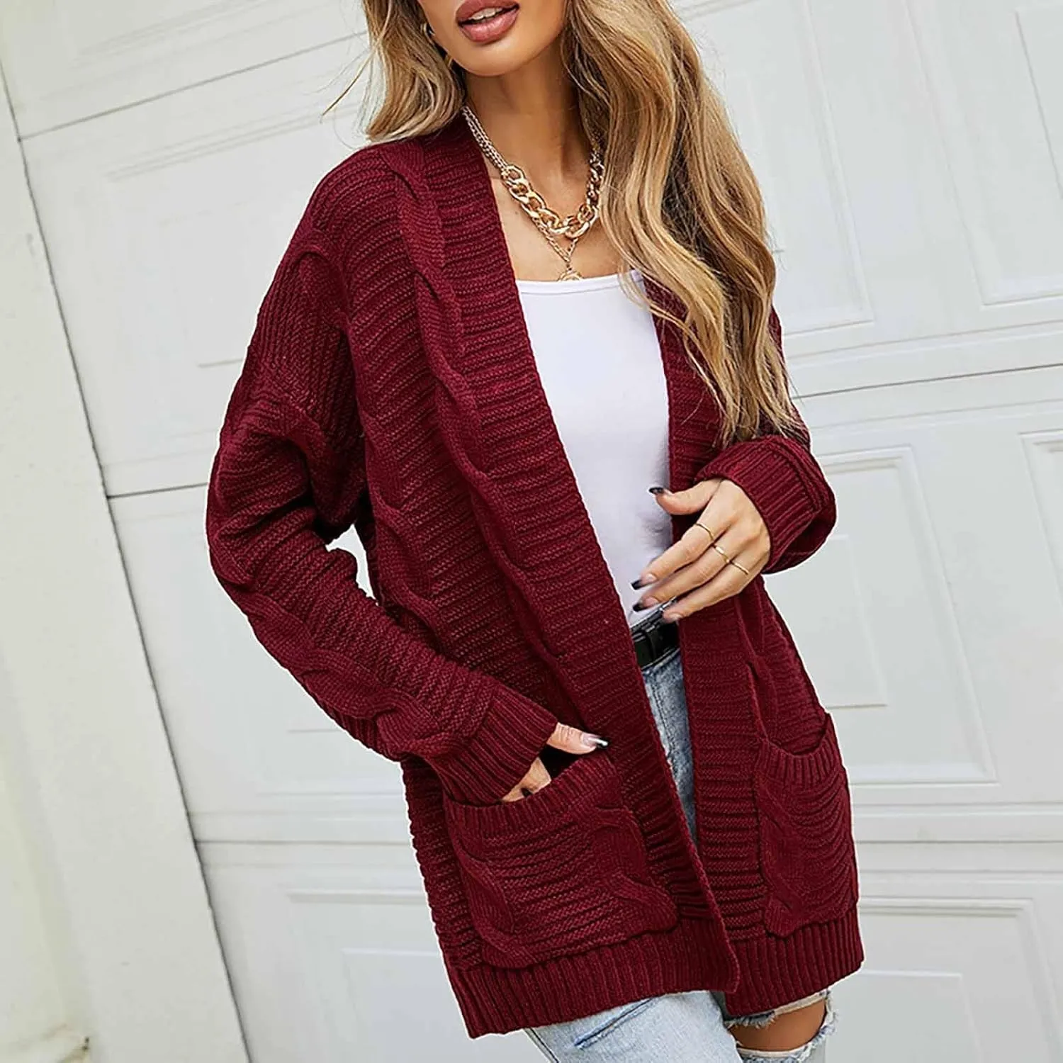 Lightweight Cardigan Sweaters Long Sleeve Cardigan Cable Knit Open Front Cardigan with Pockets