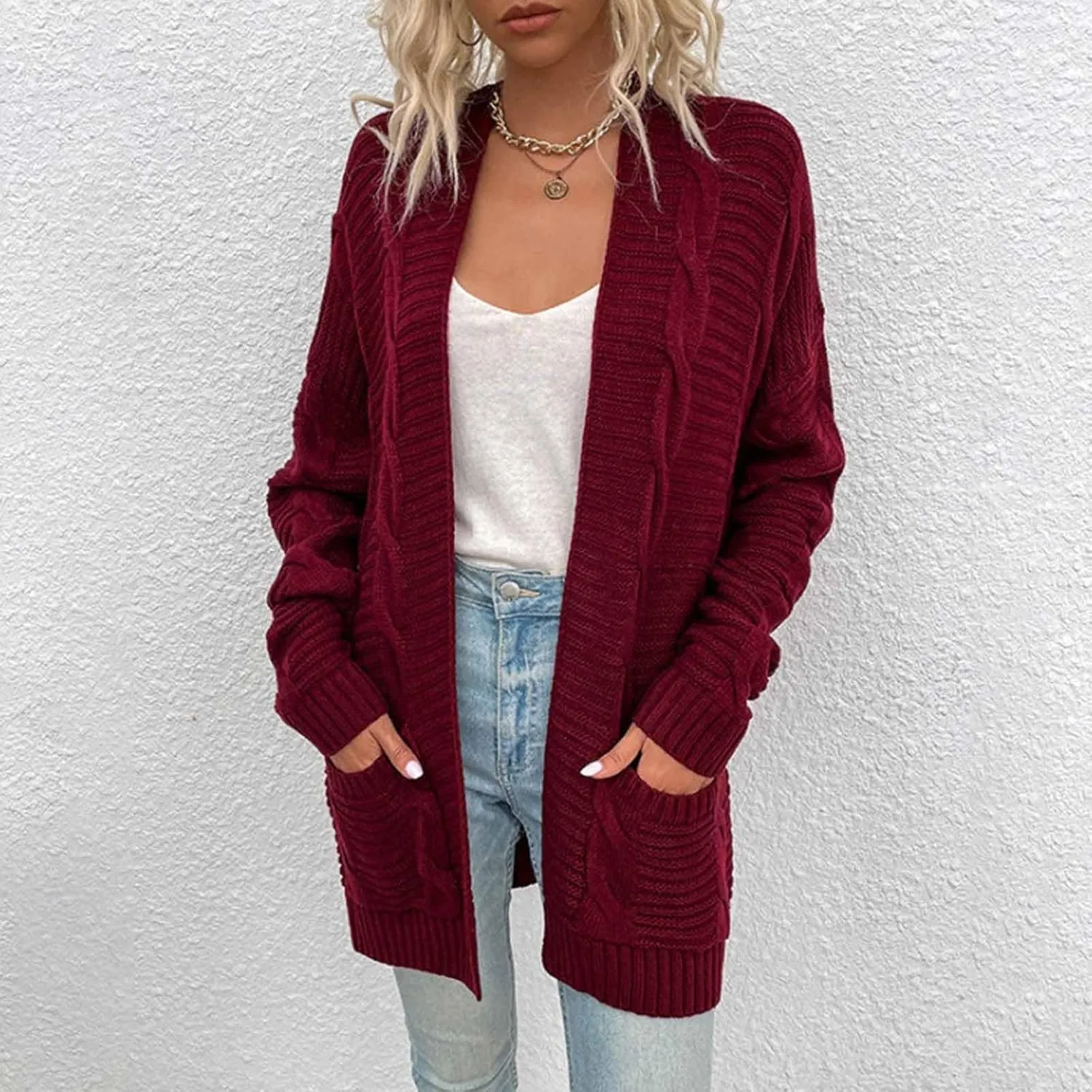 Lightweight Cardigan Sweaters Long Sleeve Cardigan Cable Knit Open Front Cardigan with Pockets