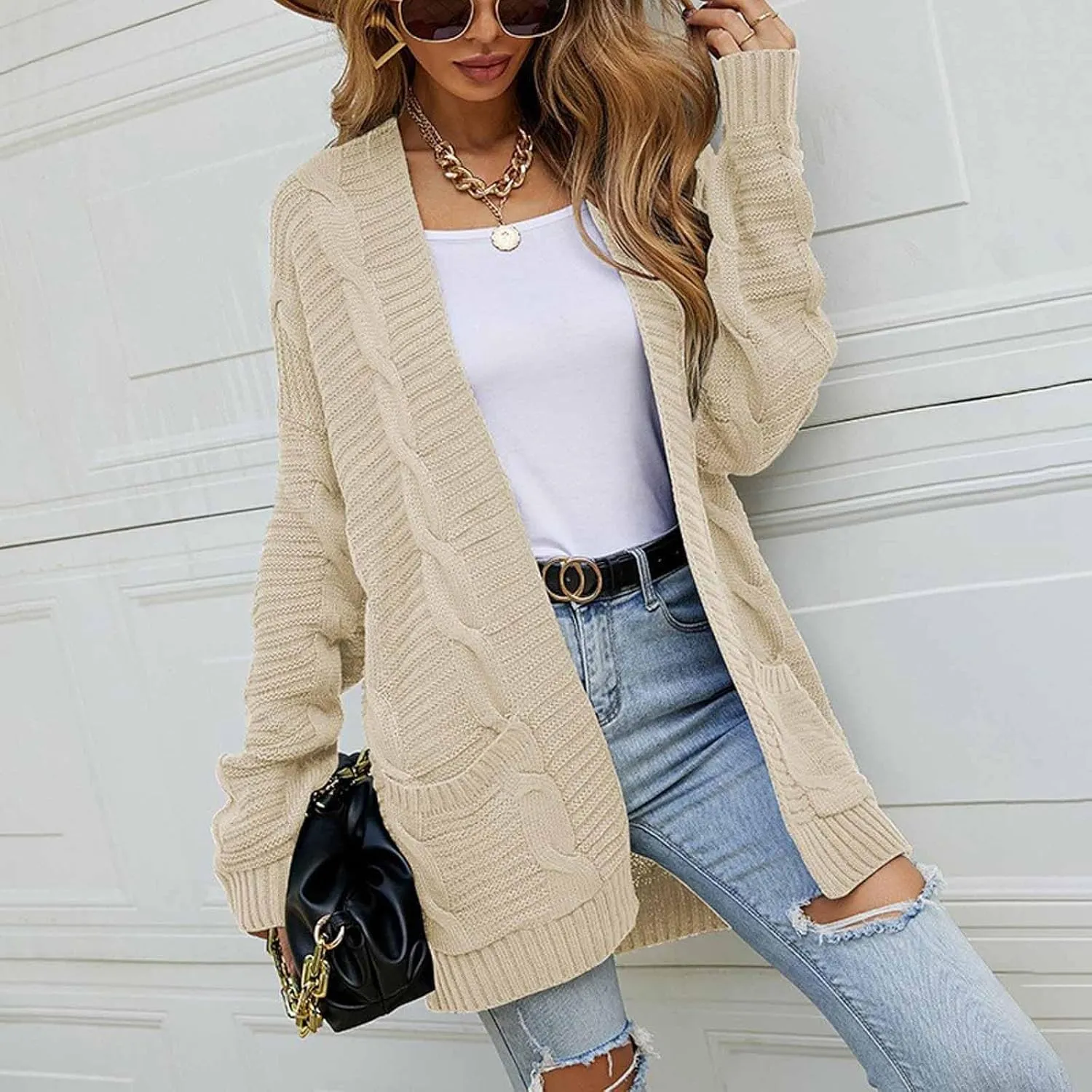 Lightweight Cardigan Sweaters Long Sleeve Cardigan Cable Knit Open Front Cardigan with Pockets