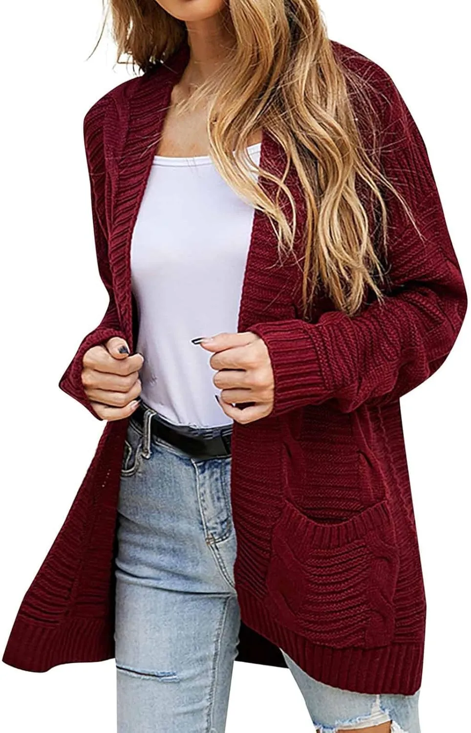 Lightweight Cardigan Sweaters Long Sleeve Cardigan Cable Knit Open Front Cardigan with Pockets