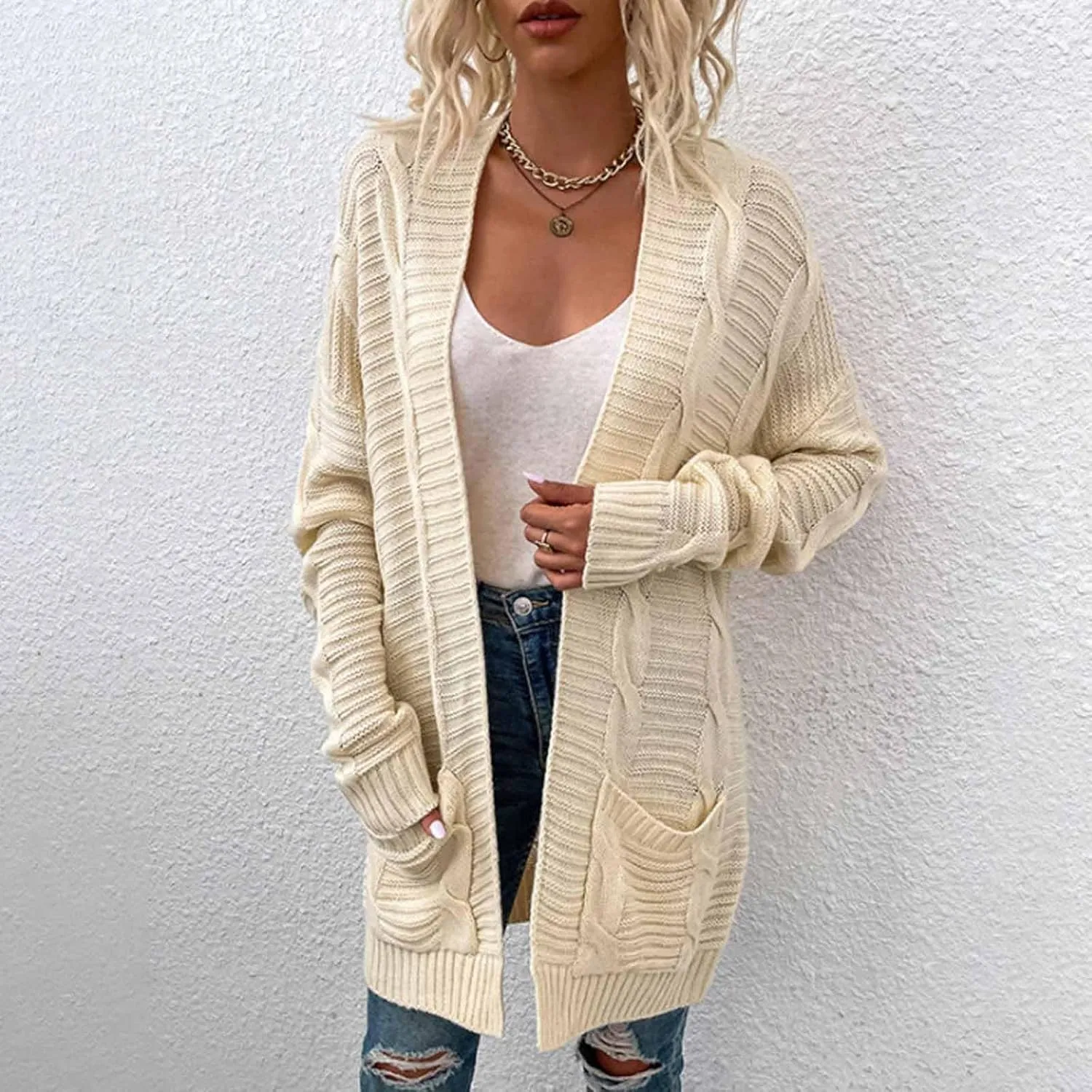 Lightweight Cardigan Sweaters Long Sleeve Cardigan Cable Knit Open Front Cardigan with Pockets