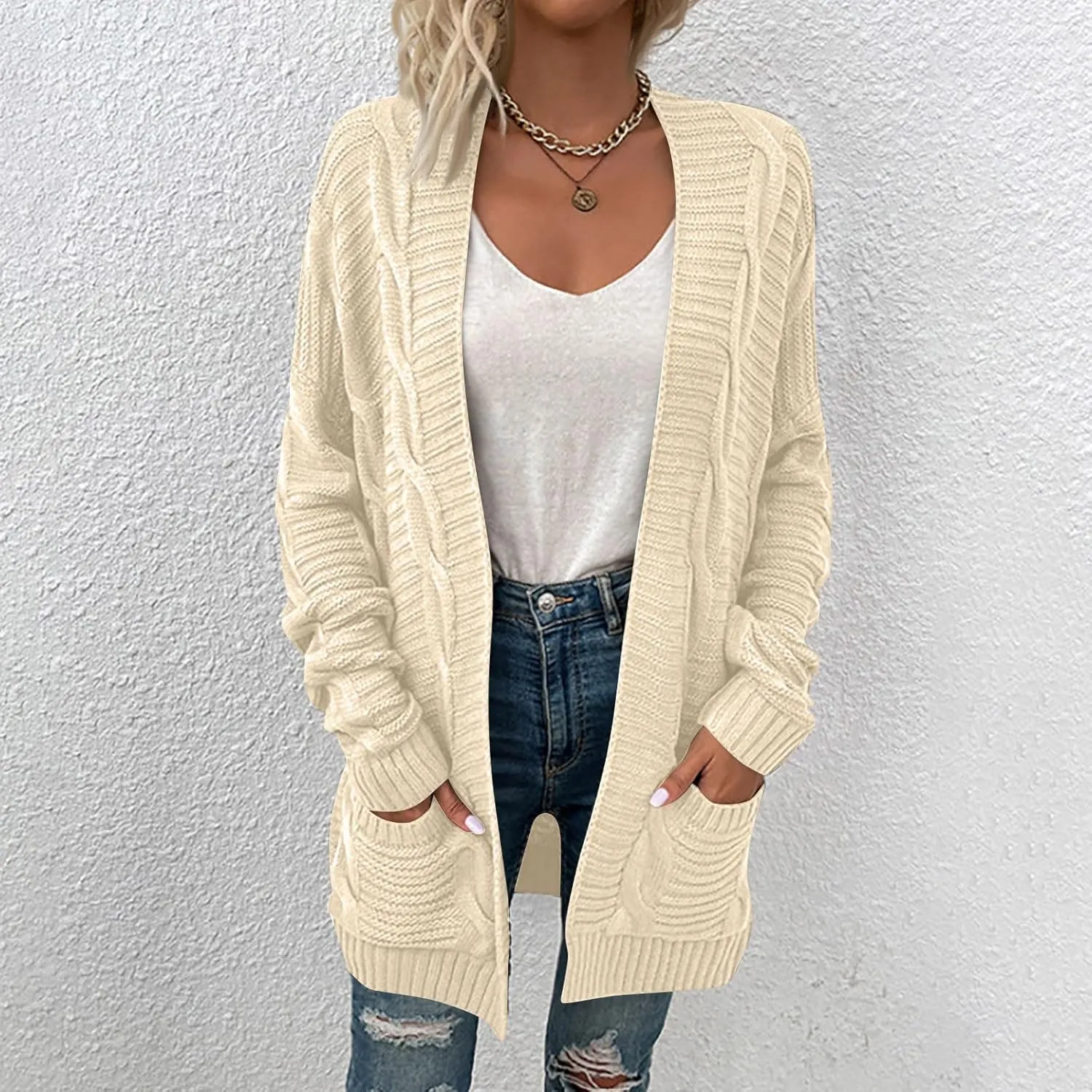 Lightweight Cardigan Sweaters Long Sleeve Cardigan Cable Knit Open Front Cardigan with Pockets