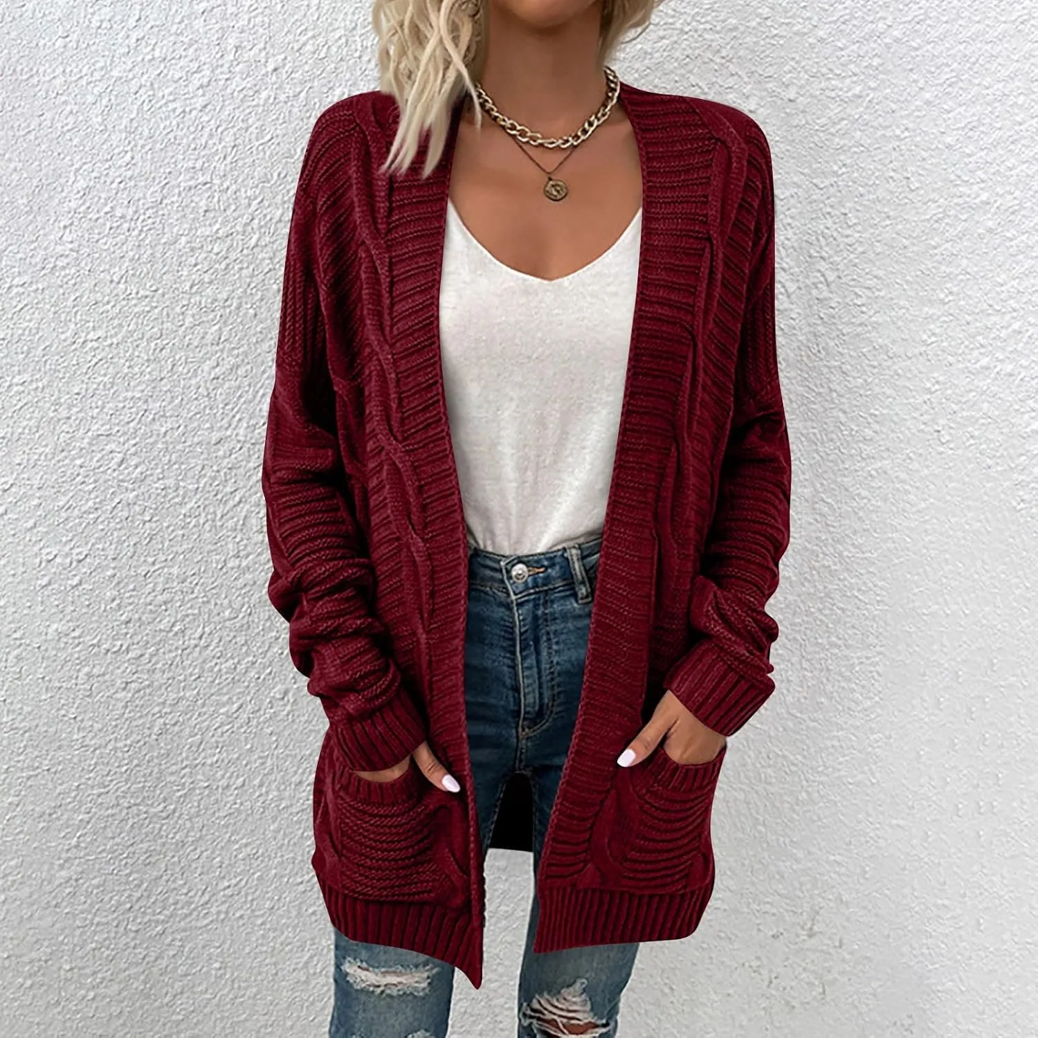 Lightweight Cardigan Sweaters Long Sleeve Cardigan Cable Knit Open Front Cardigan with Pockets