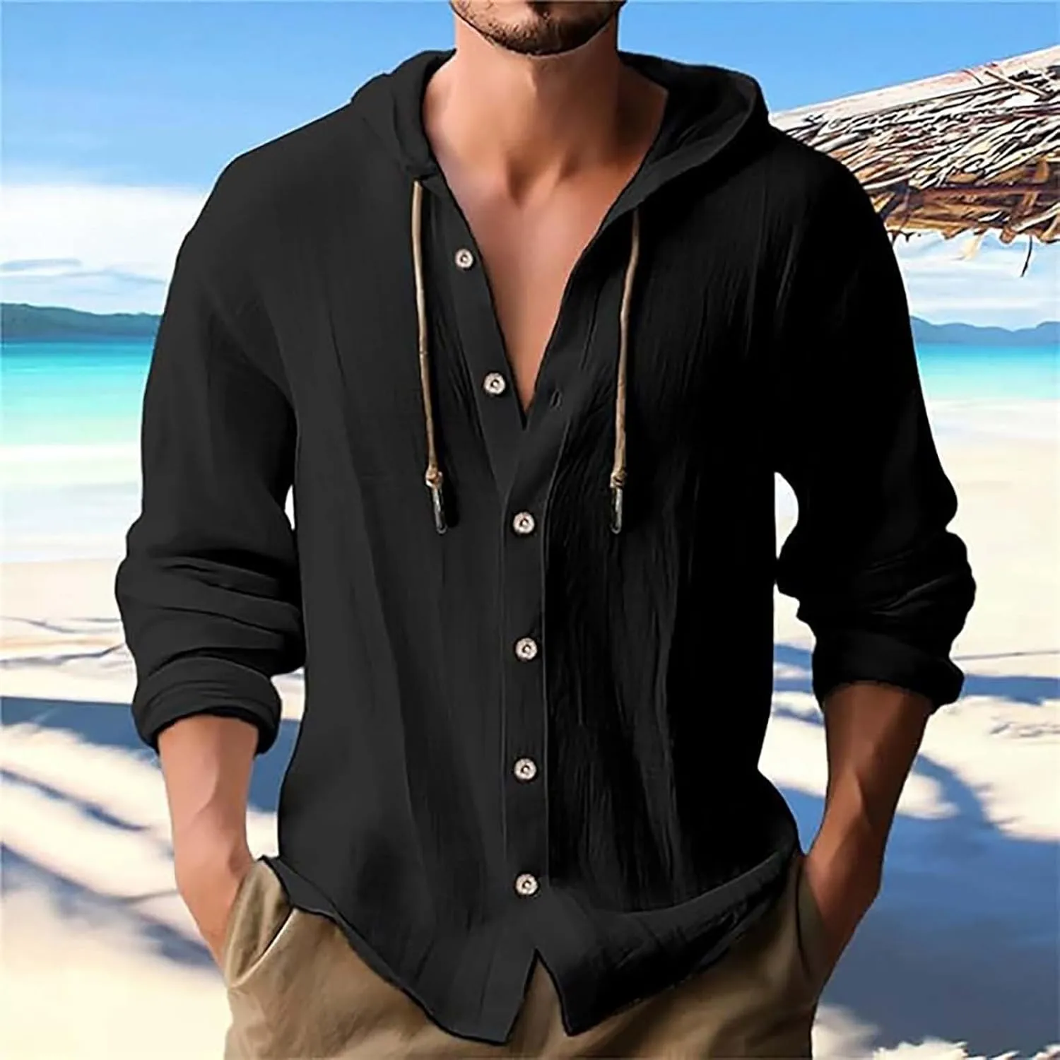 Linen Hoodie Men Casual Summer Hawaiian Untucked Shirts Lightweight Loose Fit Hooded V Neck Button Up Linen Shirts