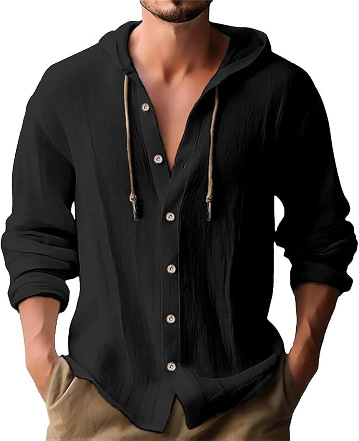 Linen Hoodie Men Casual Summer Hawaiian Untucked Shirts Lightweight Loose Fit Hooded V Neck Button Up Linen Shirts