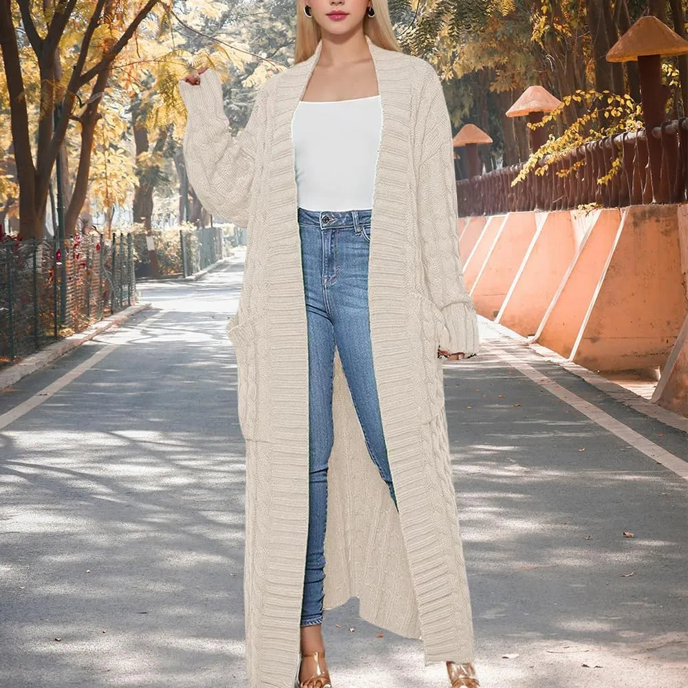 Long Cardigan for Women Fall Open Front Cable Knit Floor Length Cardigans Long Sleeve Duster Cardigans with Pockets